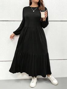 SHEIN Essnce 大码女式长裙，2 个口袋，秋季连衣裙，灰色连衣裙，女士服装，带袖连衣裙，秋季女装，秋季裙子，长款秋季连衣裙，秋季女装 - 黑色 - 查看 7