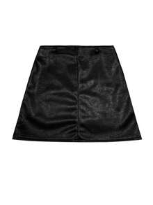 DAZY Women Solid Color PU Leather Wrap Mini Skirt, All Season - Black - View 3