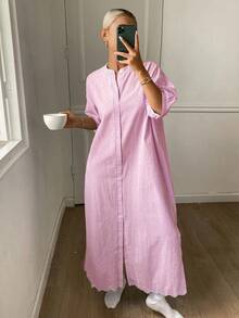 DAZY 条纹中长连衣裙，荷叶边下摆，女士休闲睡衣 - 粉色 - 查看 4
