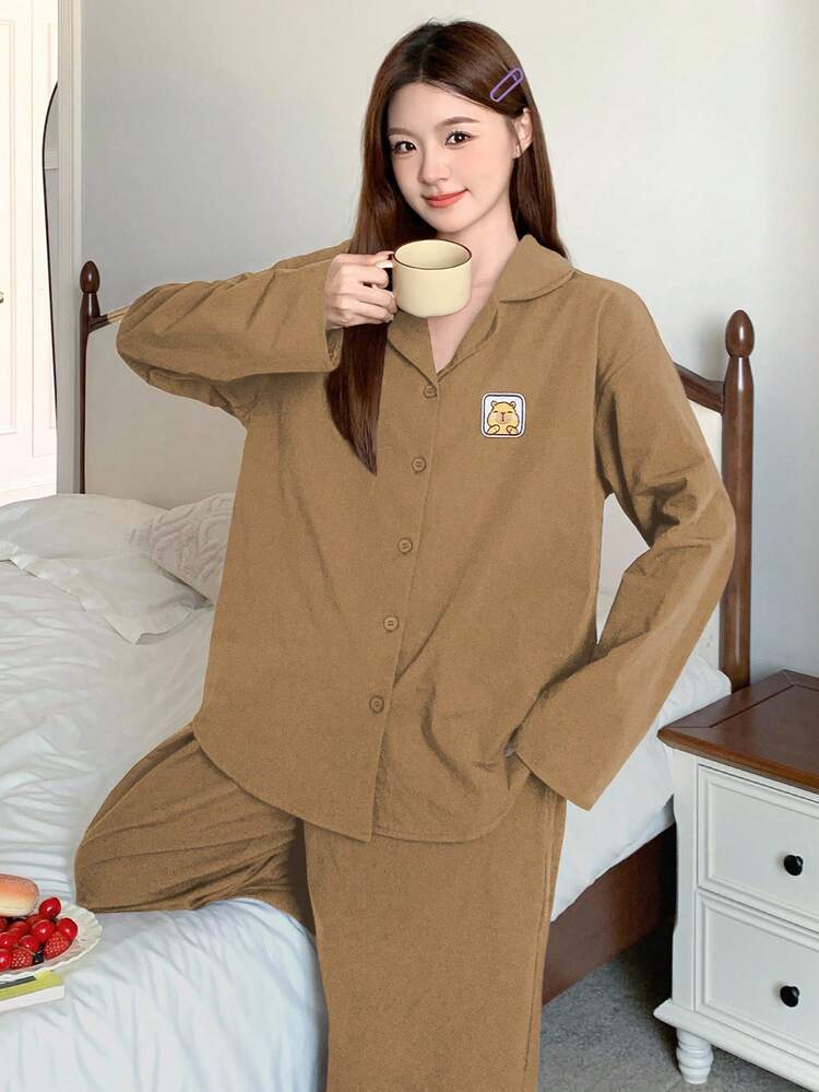2pcs Women Loose Animal Print Long Sleeve Top And Long Pants Pajama Set, Winter Clothes