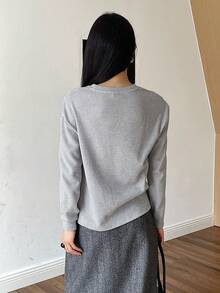 Livesso Áo thun tay dài màu trơn đơn giản, thoải mái khi đi làm, phù hợp cho mùa thu và mùa xuân - Màu xanh bụi bặm - Xem 2
