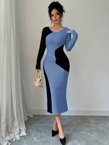 Elenzga Women's Elegant Colorblock Ribbed Knit Sweater Dress, Autumn/Winter - Blue - View 4