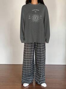 DAZY 2件套女士宽松舒适印花长袖T恤和格子裤睡衣套装，冬季服装 - 深灰色 - 查看 5