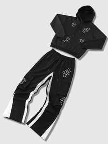 ROMWE MEN Bộ đồ thể thao thường ngày in hình thánh giá Gothic và quần ống loe cho nam, trang phục mùa thu - màu đen - Xem 4