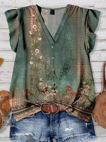 EMERY ROSE 大码女装日常休闲度假V领小飞袖度假风夏季优雅欧式复古碎花图案宽松衬衫女夏装女度假服装女