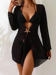 Swim Basics Women's Summer Plain Color 3/4 Sleeve Beach Vacation Cover Up Kimono Coverup - Black - View 1