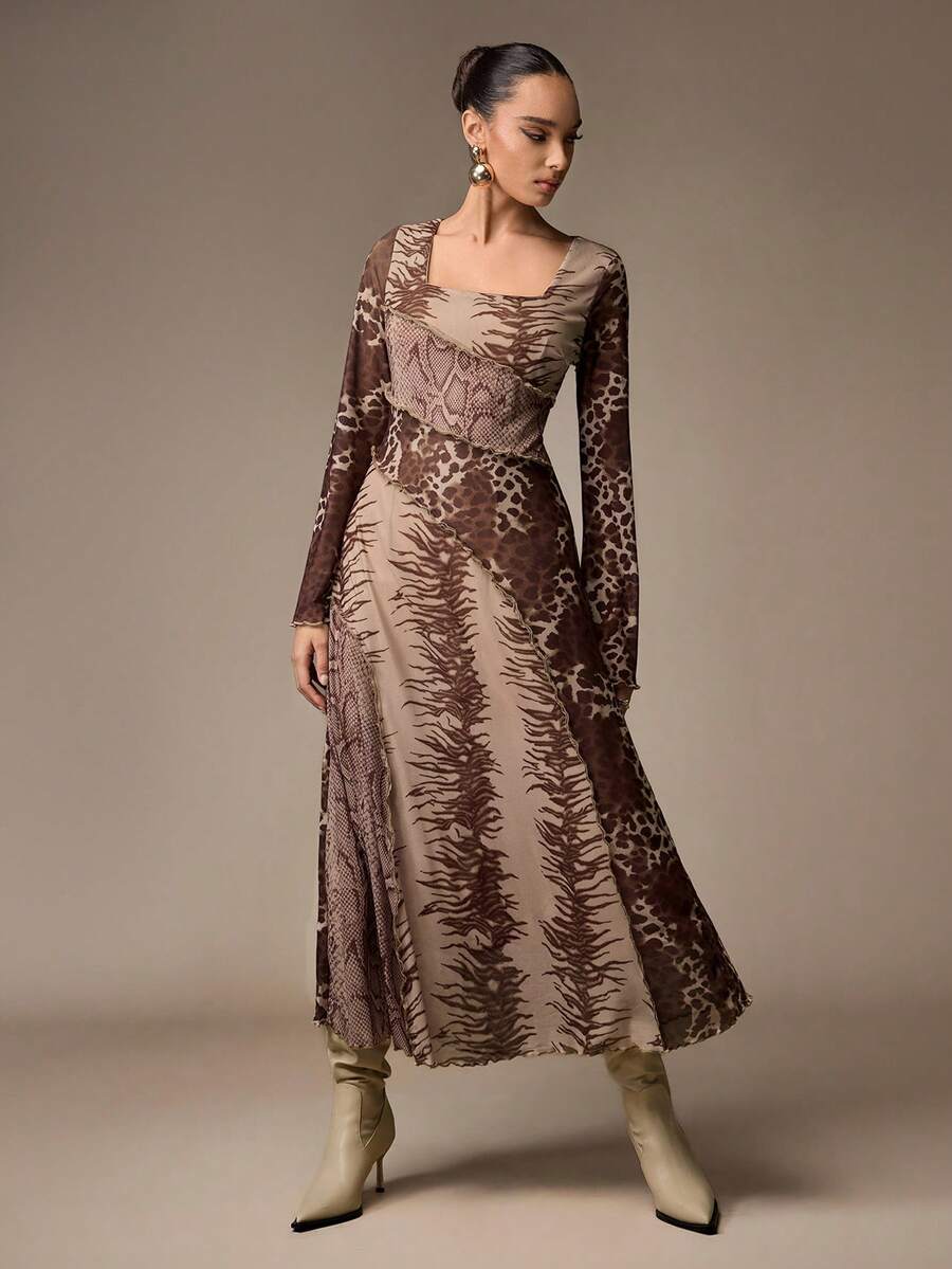 Modelyn Fashionable New Leopard Print Patchwork Romantic Women Dress - Coffee Brown - View 1