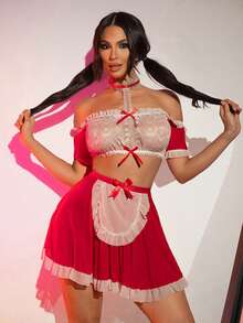 Fantasy Costume 3 Peças Conjunto de Lingerie de Renda Retalhos de Natal para Mulheres - Vermelho e Branco - Visão 5