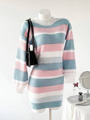 Children's Autumn/Winter New Colorblock Striped Knit Dress, Fashion Versatile Elegant Sweater Dress Long Sleeve Casual Chic Dress Pastel Striped Sweater Dress Pastel Dress Girls Sweater Dress Girls Long Sleeve Dress Girls Stripe Dress Tween Girl Stripe Dress Girl S Pastel Long Sleeve Dress Tweens Girls Striped Dress Girls Pastel Long Sleeve Dress