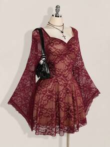 SHEIN ICON Plus Size Square Neck Ruched Lace Flare Sleeve Contrast Color Dress, Y2K Party Dress, Halloween Costume, Witch - Burgundy - View 6
