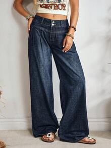 EMERY ROSE Damskie jeansy z szerokimi nogawkami i kieszeniami, luźne, uniwersalne - Ciemny jeans - Zobacz 1