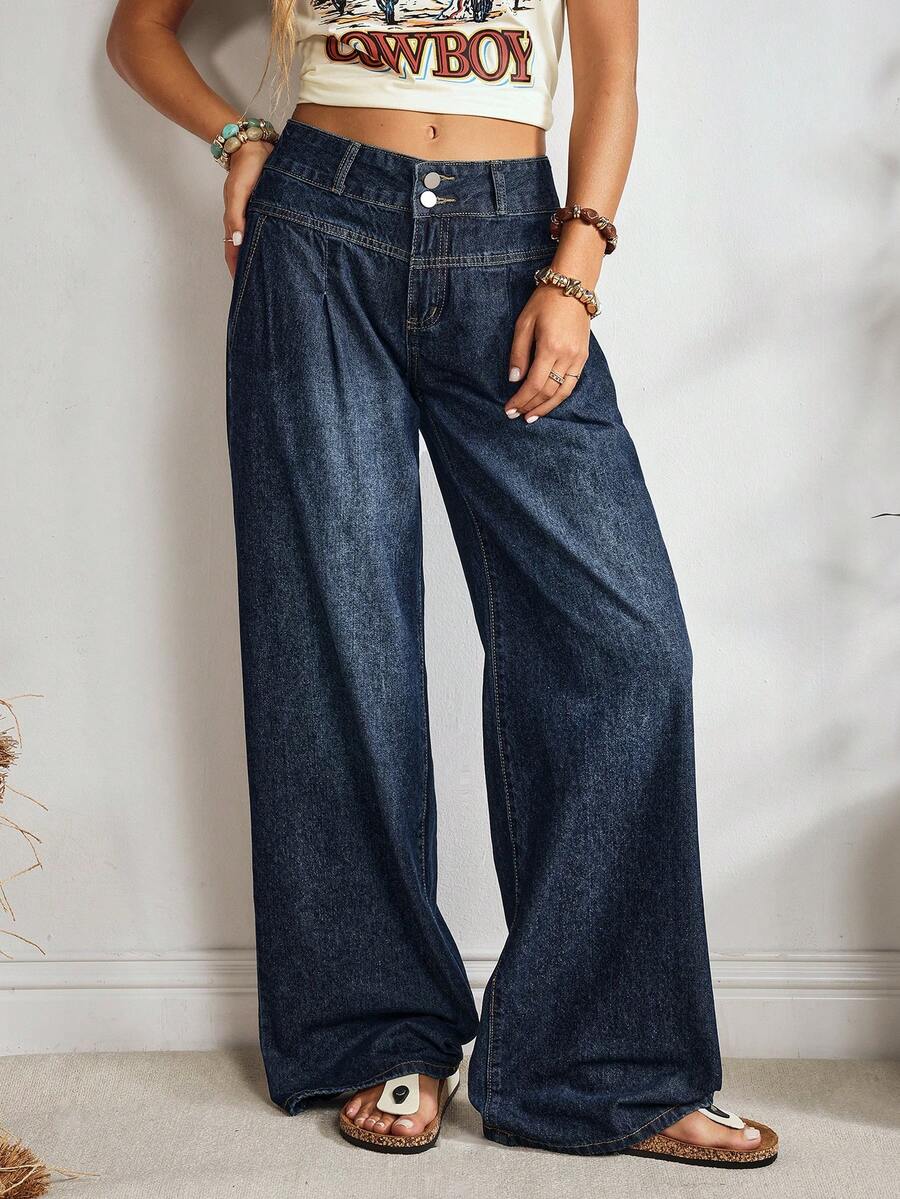 EMERY ROSE Damskie jeansy z szerokimi nogawkami i kieszeniami, luźne, uniwersalne - Ciemny jeans - Zobacz 1