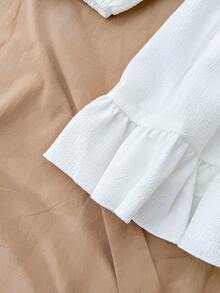 少女白色纹理泡泡面料露肩收腰A字裙，度假白色连衣裙，下午茶裙 - 白色 - 查看 5