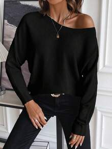 SHEIN LUNE Women's Casual Basic Solid Color Round Neck Batwing Sleeve Sweater, Autumn/Winter Everyday Black - Black - View 3