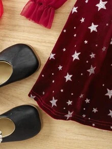 Young Girl Elegant & Cute Patchwork Mesh Long Sleeve Dress - Red - View 7