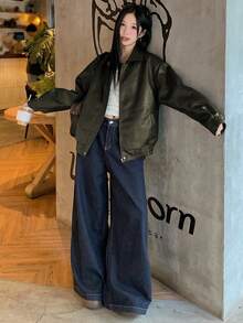 DAZY 女式休闲 PU 皮革拉链落肩宽松夹克，秋季 - 墨綠色 - 查看 5