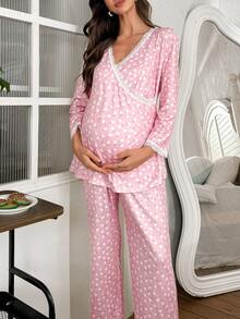 Moonlight&Mama 2 piezas Conjunto de pijama de maternidad con estampado floral diminuto y encaje, con top de manga larga y pantalones, para invierno - Multicolor - Ver 3