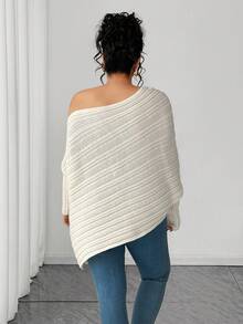 Elenzga Plus Size Asymmetrical Gigot Sleeve Loose Knit Sweater, Solid Color, Off-Shoulder, Winter - Beige - View 2