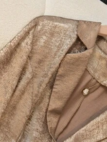 SHEIN Conjunto de blazer y pantalones cortos de color liso para mujer, traje casual - Dorado - Ver 5