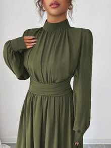 Elenzga 女士休闲、通勤、度假、下午茶、派对纯色棕色雪纺立领宽松交叉系带腰部 A 字形蝴蝶结衬里长袖长裙，春/秋/冬 - 軍綠色 - 查看 5