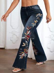 Slaydiva Quần jean ống loe thêu hoa cỡ lớn dành cho nữ, thường ngày, đa năng - Rửa nhẹ - Xem 4