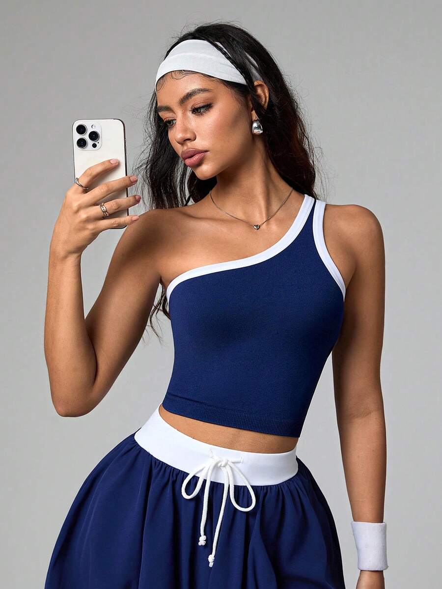 Dewbera 1 件无缝柔软亲肤性感单肩蓝白撞色瑜伽、运动、跑步 T 恤和背心 - 藏蓝色 - 查看 1