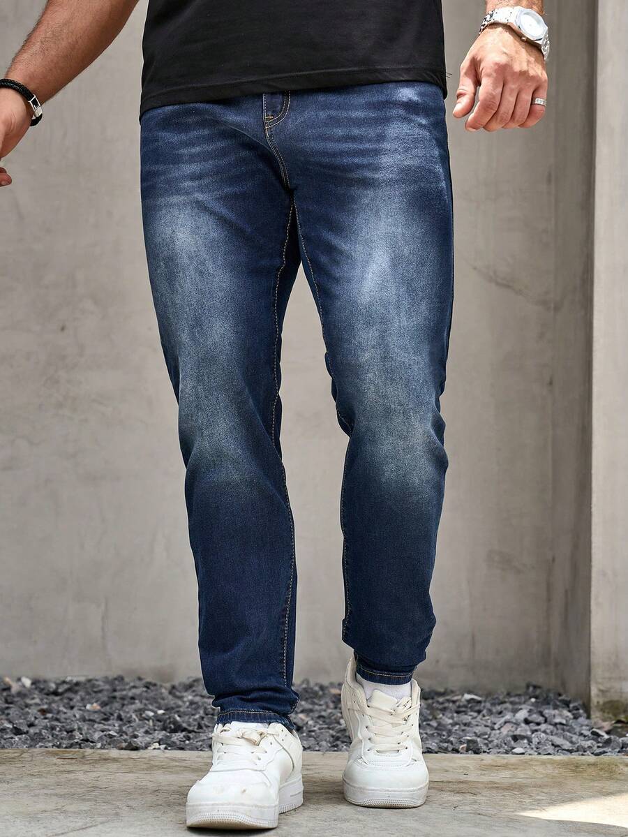 Manfinity Homme Men Plus Bleach Wash Straight Leg Jeans, Plain Dark Blue Slim Fit Long Dark Wash Jeans Washed Cargo Jeans, For Husband, Boyfriend Gifts Going Out Hang Out Commute Street Work - Medium Wash - View 1