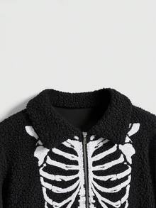 ROMWE Gothic Skeleton Print Fleece Women Jacket For Halloween - Black - View 3