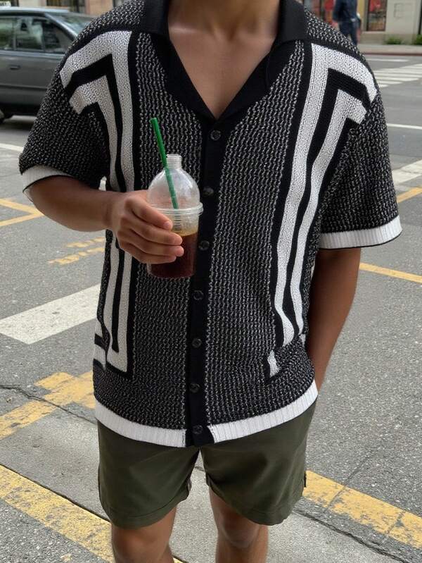 Manfinity CasualKnits Camisa de punto holgada de manga corta y de una sola hilera con rayas para hombre