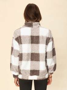 Coeurva Buffalo Plaid Print Half Zip Drop Shoulder Teddy Sweatshirt,Long Sleeve Tops In Fall/Winter - Multicolor - View 3