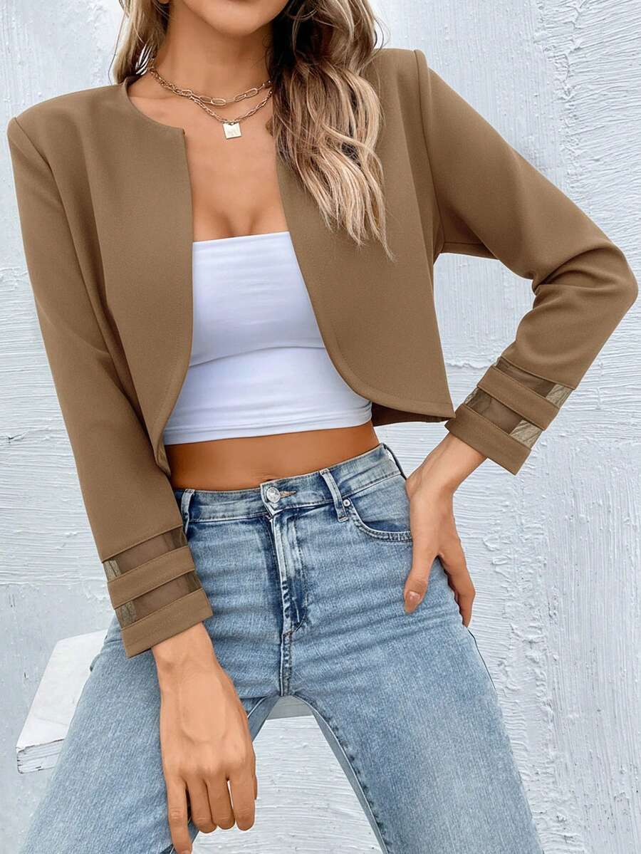 SHEIN Clasi 秋冬撞色网眼开襟夹克 - 杏色 - 查看 1