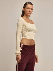 MUSERA 修身方领长袖上衣，优雅秋冬圣诞节夜间外出工作装，可爱又时尚。 - 奶油色 - 查看 3