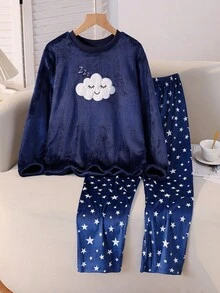 Genkimix Kids Winter  Girls Pajamas, Navy Blue & Dark Blue, New Arrival, Casual & Elegant Home Wear, Long Sleeve Top & Pants, Cloud & Smiling Face Embroidered, Starry Sky Pattern, Fleece Fabric, 2-Piece Set - Navy Blue - View 4