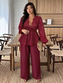 EMERY ROSE Quần ống đứng rộng rãi, chất liệu ren mỏng Jacquard, chắp vá, size lớn dành cho nữ, bộ đồ hai mảnh thường ngày, thu/đông - Màu Đỏ Sâu - Xem 3