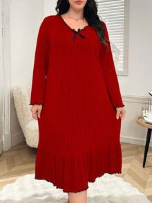SHEIN Plus Size Comfortable Knit Nightgown With Bow Decor Collar And Ruffle Hem, Winter - Red - View 3