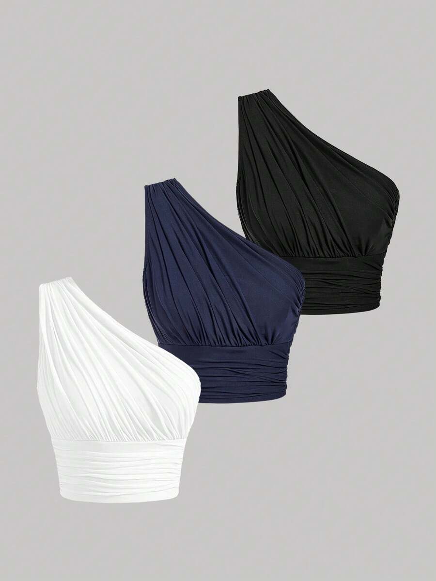 SHEIN MOD 3 st damer med elastiska, åtsittande korta toppar med volanger och axlar - Marinblå - Visa 1