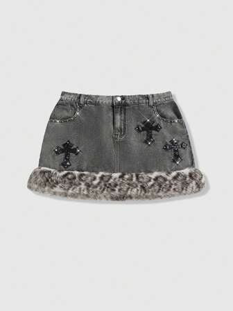 Goth Minifalda de mezclilla gris lavada vintage con estampado de leopardo, estilo gótico Y2K para talla grande, minifalda sexy de retazos de leopardo esponjosa, minifalda de mezclilla para talla grande para otoño/invierno, minifalda de mezclilla para talla grande para fiesta, ropa de mujer talla grande