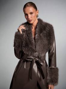 SHEIN BAE Women's Solid Color Fur Collar Fashionable Versatile Long Coat - Coffee Brown - View 4