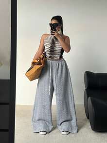 POPSWAY Fall Autumn And Winter Plus Size Wheat Ear Embossed Texture Casual Long Sweatpants - Grey - View 3