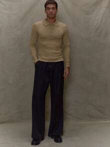 Musero 男士精纺针织修身长袖四分之一扣 Polo 衫，刺绣细节，春夏衣橱胶囊系列 - 棕色 - 查看 5