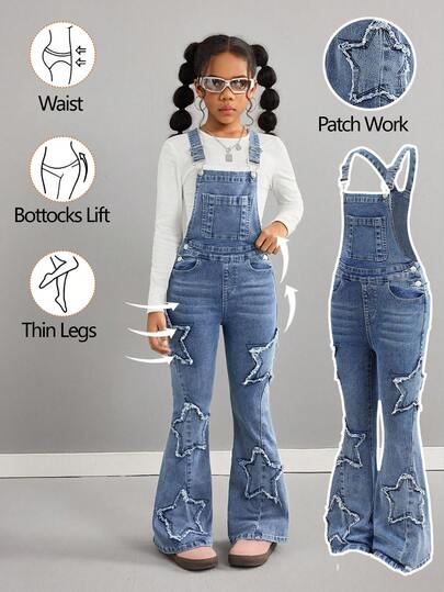 SHEIN Peto vaquero de pierna acampanada con cintura alta, estilo universitario Y2K, lavado claro, con parches bordados de estrellas para niñas preadolescentes. Ropa de otoño e invierno, atuendos de calle, de vuelta al colegio, de Navidad y Halloween, adecuado para la escuela, el hogar y los viajes.