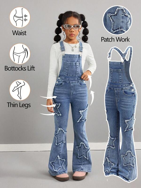 SHEIN Tween Girls' Y2K College Style Light Washed Casual Star Embroidery Patched High Waist Flare Leg Jeans Denim Overalls Jumpsuit Without Tee,Girls Fall Autumn Winter Clothes Streetwear Outfits,Back To School Homecoming Outfits,Christmas Clothes Halloween Outfits,Suitable For School, Home And Travel,EMBROIDERY JEANS JUMPSUITS