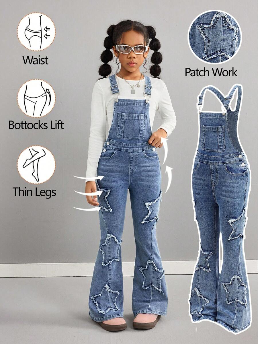 SHEIN Tween 女童 Y2K 学院风浅色水洗休闲星星刺绣贴片高腰喇叭腿牛仔裤牛仔背带裤（不含 T 恤），女童秋冬装街头服饰，返校节服装，圣诞服装万圣节服装，适合上学、居家和旅行，刺绣牛仔连体裤 - 中等水洗藍 - 查看 1