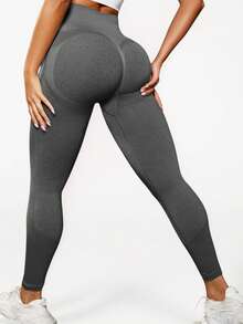 Easithlete Quần legging thể thao lưng cao co giãn liền mạch màu trơn dành cho nữ - Màu xám đen - Xem 6