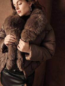 Anewsta Damen Große Größen Luxus plissierter Fellkragen, locker geschnittene kurze Jacke mit Kordelzug, dick, geeignet für Herbst, Autumn, Winter, elegant, schick, Neujahr, Lässig, Weihnachten - Braun - Übersicht 3