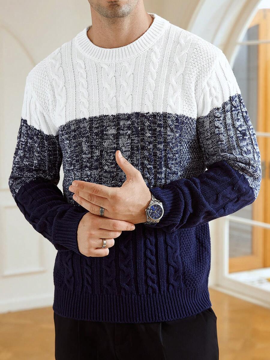 Manfinity Bizformal Autumn/Winter New Blogger Stylish Design Twist Rope 3D Floral Jacquard Colorblock Pullover Sweater For Men, Jumper For Men, Long Sleeve Top - Multicolor - View 1