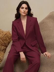 Anewsta 2 件套女士西装套装，复古风格西装外套 + 直筒裤，美拉德色 - 酒紅色 - 查看 4