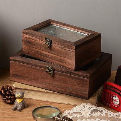 1件装复古木质柜，带玻璃门和抽屉，可用于存放化妆品和杂物，情人节礼物