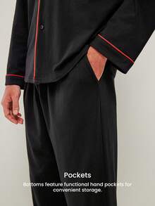 LUVLETTE Christmas & New Years Pajamas Couple Autumn And Winter Soft 100% Pure Cotton Basic Black Long Button-Up Top & Pants Pajama Sets For Men Lounge Sets For Men Pants With Pockets Fall Pajamas - Black - View 4