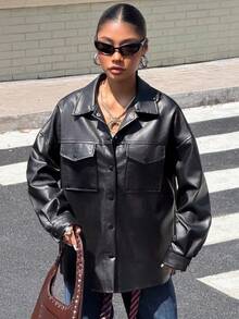 Muchica 女士春季时尚仿皮短袖夹克翻盖口袋落肩纽扣衬衫长袖衬衫秋冬 - 黑色 - 查看 3